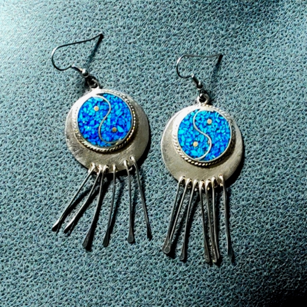 Silver & Turquoise Dangle Earrings Vintage Mexico Jewelry Alpaca
